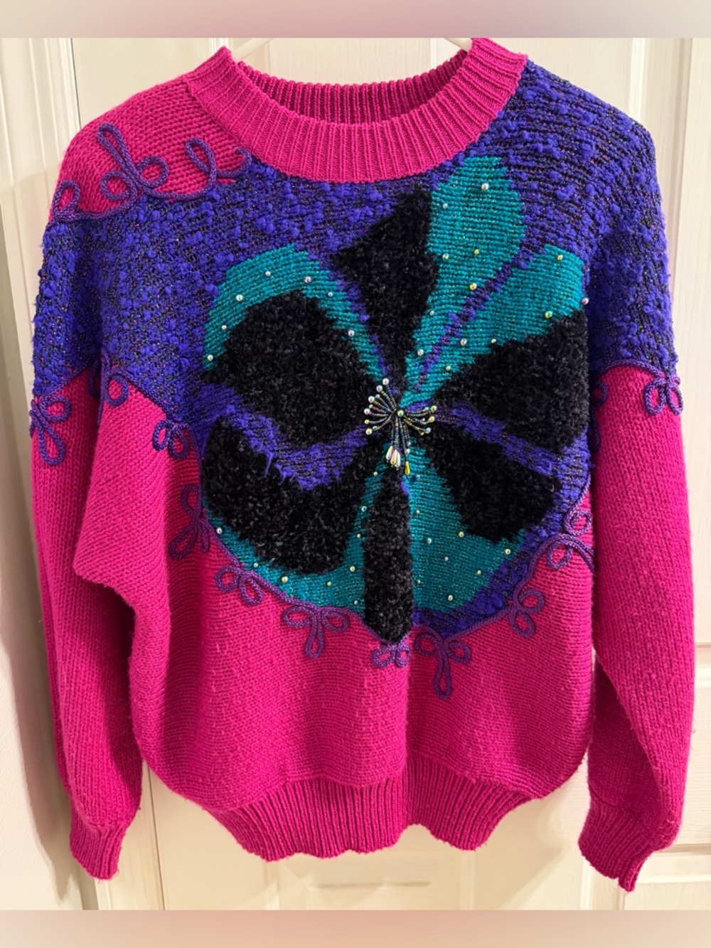 Vintage 80s 90s Jaclyn Smith Fuchsia Pink Abstract Floral Sweater Beaded Large